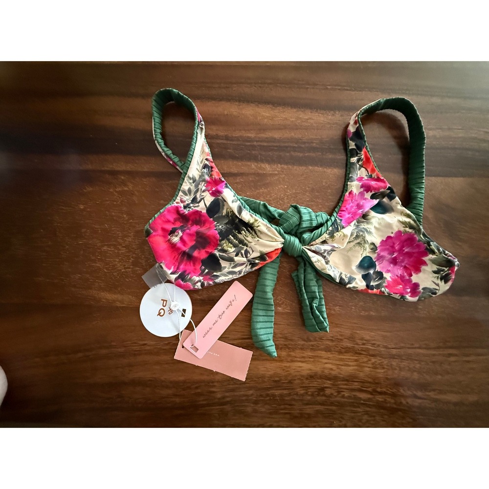 PQ Swim‎ Reversible Drew Knot Tie Bikini Top Womens Small Green Floral EME-334H